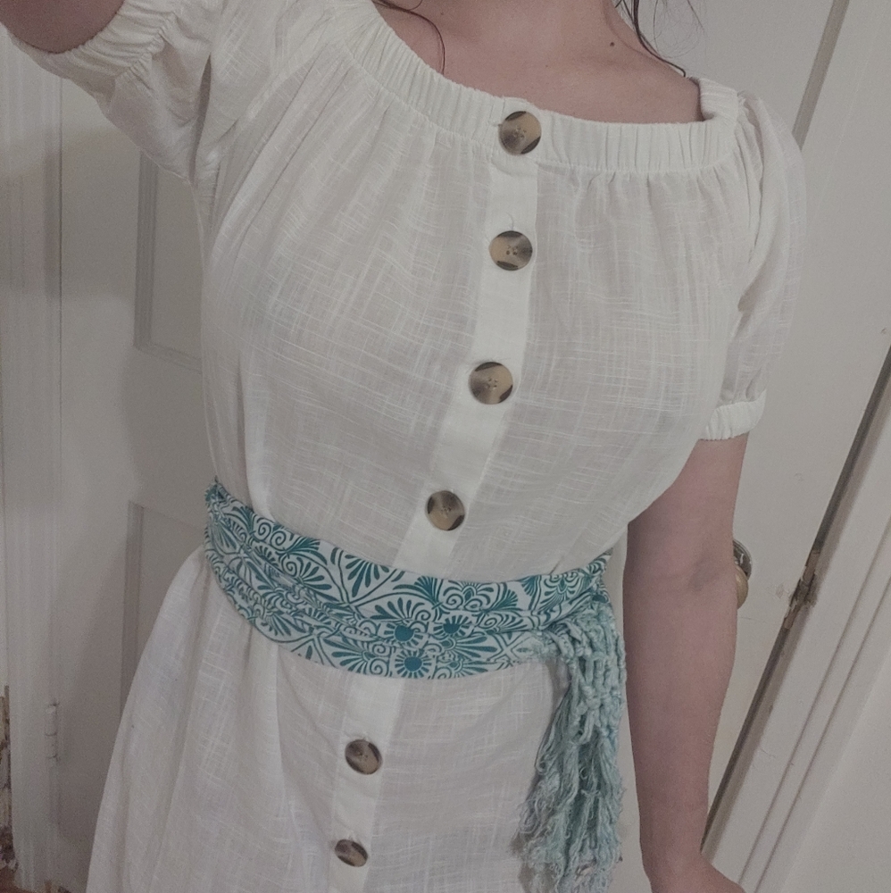 White zaful dress with aquamarine patterned sash